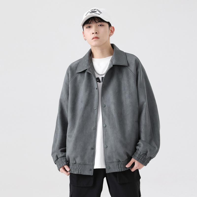 

Autumn and winter new men s Korean pure color deerskin long sleeve lapel jacket fashionable couples coat 5XL