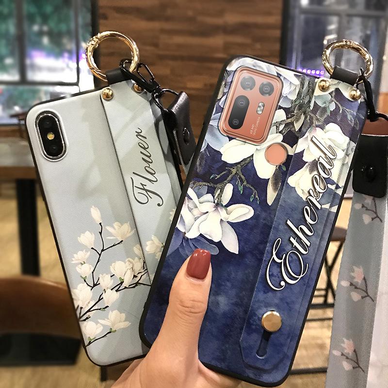 Durable Wristband Phone Case For HTC Desire 20 Plus/D20+ Lanyard Back Cover Shockproof Flower Soft case Fashion Design