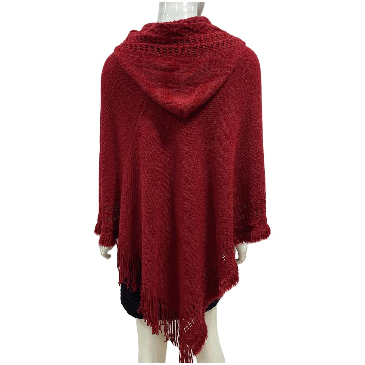 

New Women s Hooded Solid Color Hollow Tassel Plus Size Loose Slimming Cape Shawl In Stock One size пурпурно красный