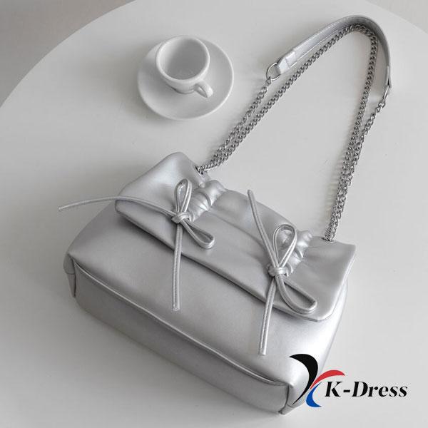 Loving Ribbon Leather Chain Shirring Square Flap Crossbody Shoulder Bag (4 Colors)