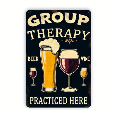 Mfoever Tin Sign HD Tin Sign Group Therapy Beer Wine Practiced Here Funny Vintage Metal Poster Retro Wall Art for Bar Pub Decor