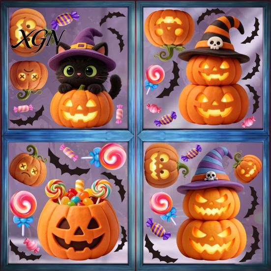 Removable Halloween Decorations Pumpkin Window Clings, Cartoon Cat Static Sticker, Jack O Lantern Stickers PVC Decals for Party Home Decoration