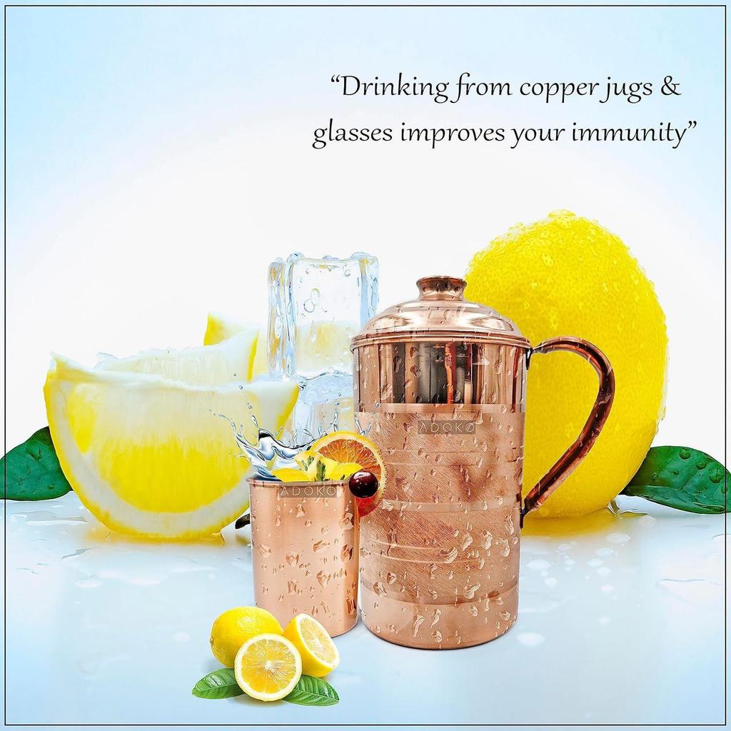 Pure Copper Water Jug 2 Litre with 1 Copper Glass (300ml) | Ayurvedic Copper Pitcher Set for Drinking & Storage for Health & Wellness