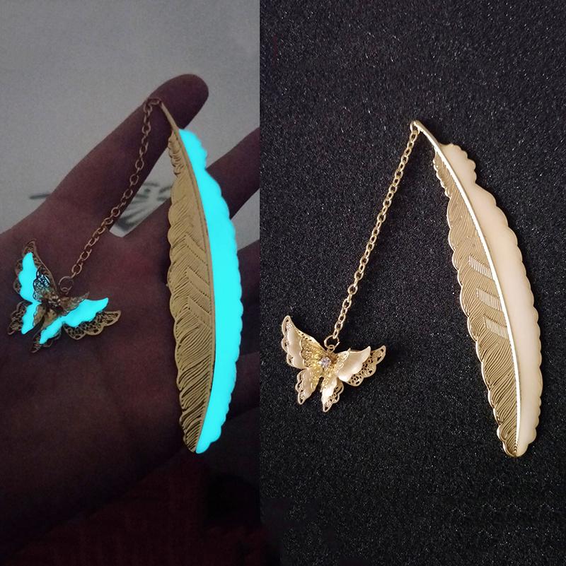 Cute Luminous Metal Feather Bookmarks Kawaii Butterflies Owl Dragonflies Book Marks For Teachers Gift Beautiful Book Accessories