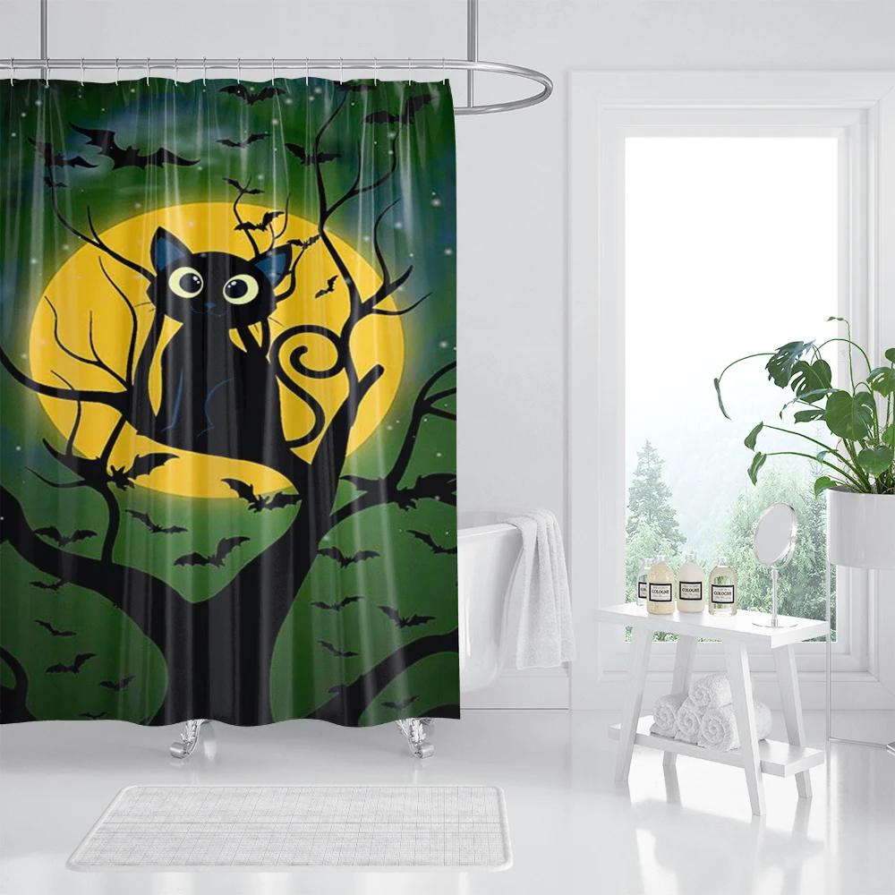 Three Funny Naughty Black Cat Shower Curtain Scratching The Wall With His Paws Fabric Bathroom Decor Set Hooks White And Black