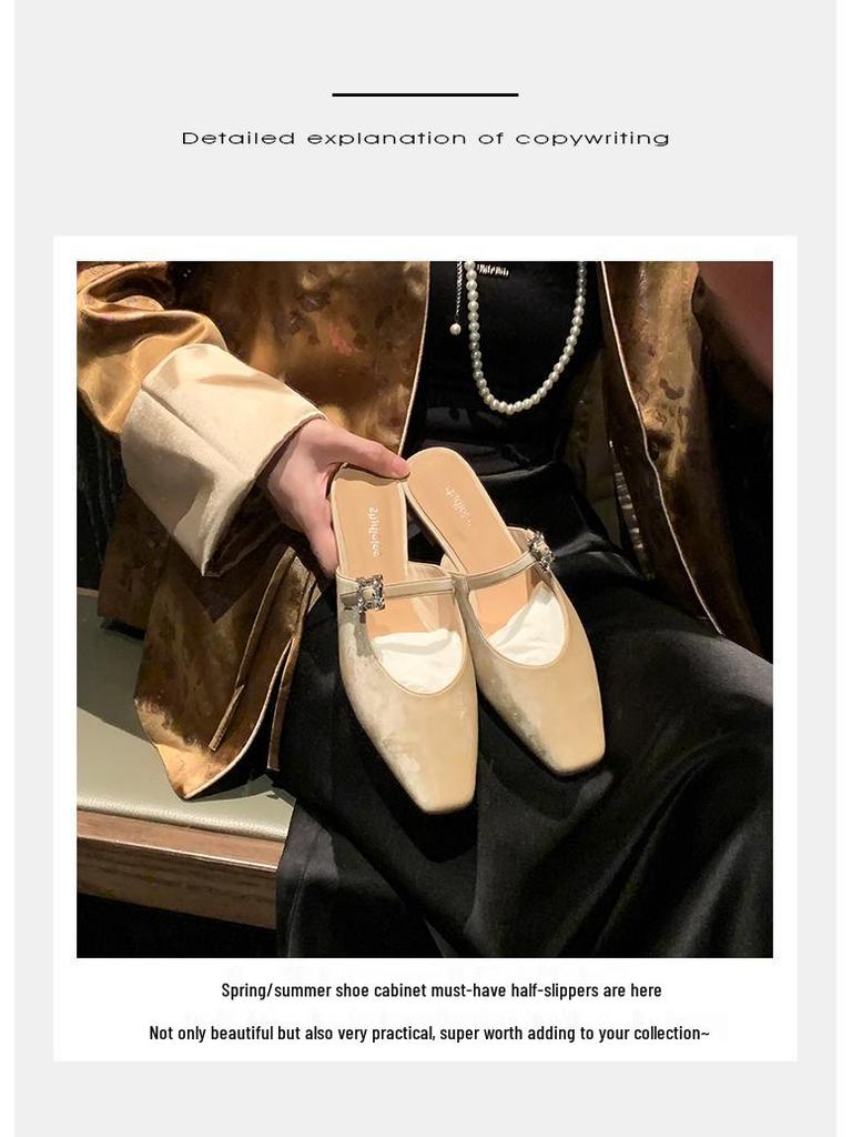 Grape Mom French Square Toe Diamond Buckle Low Heel Pointed Toe Mule Slippers for Women