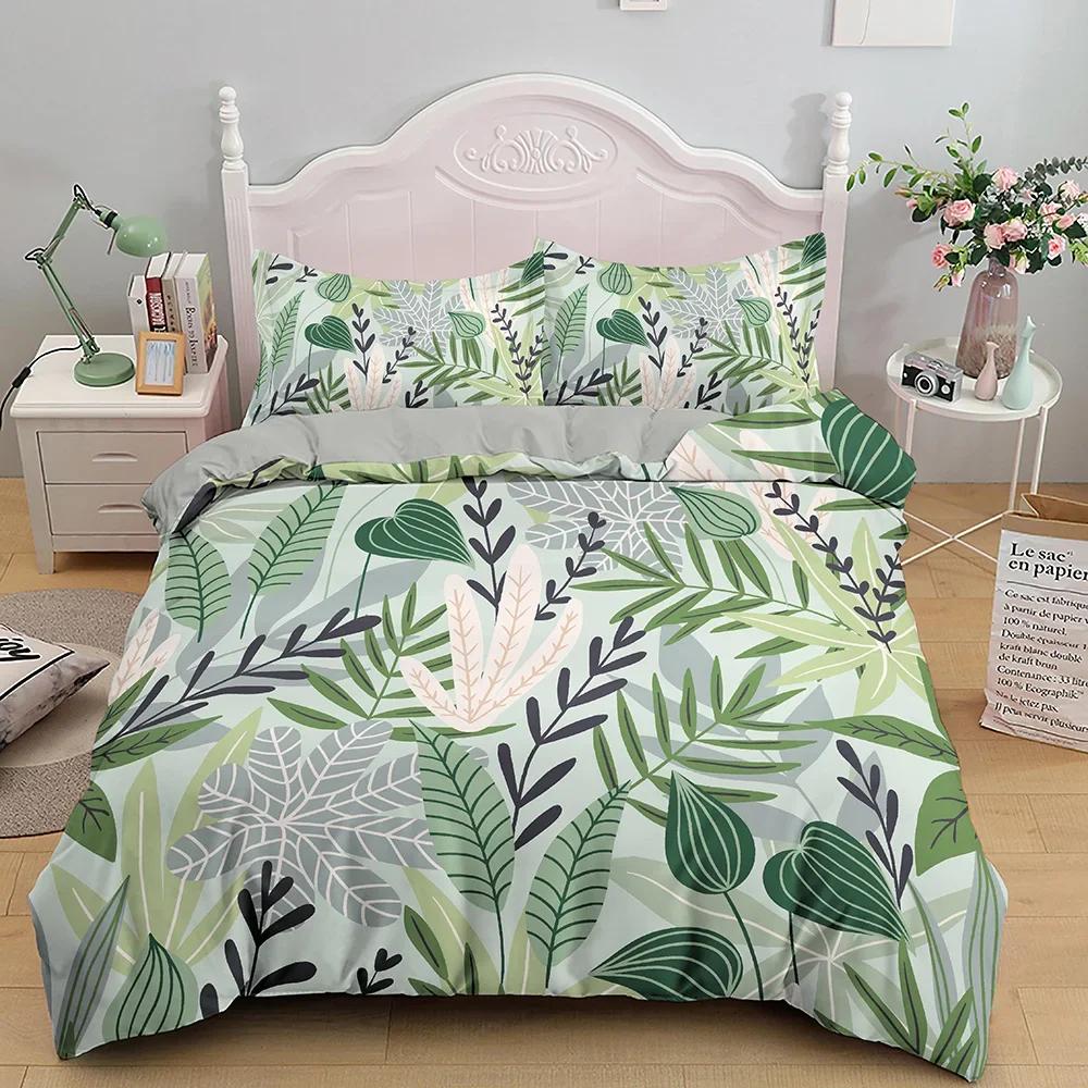 Tropical Botanical Leaves King Queen Duvet Cover Green Palm Leaves Polyester Bedding Set for Kids Teens Adults with Pillowcase