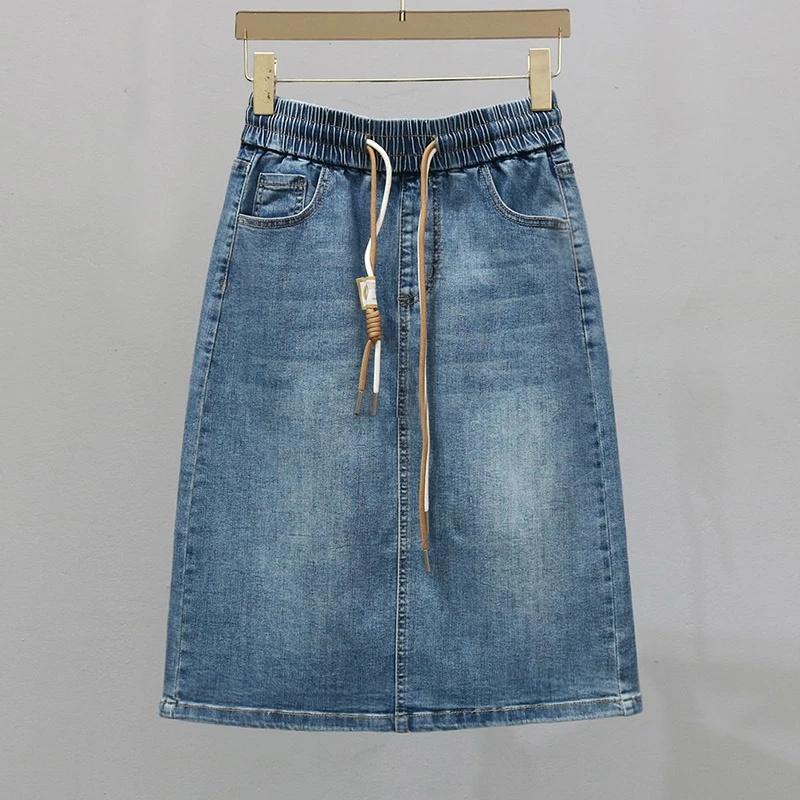 

Korean Lady Large Size Denim Maxi Skirt Spring Summer Women Lace Up Jeans Long Skirts Femme in Half Body Cowboy A-line Skirt 5XL
