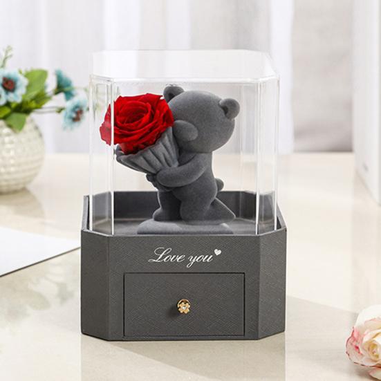 Flocking Bear Figurines with Preserved Rose Eternal Rose with Gift Box Romantic Gift for Girlfriend Wife Valentine's Day Anniversary Gift