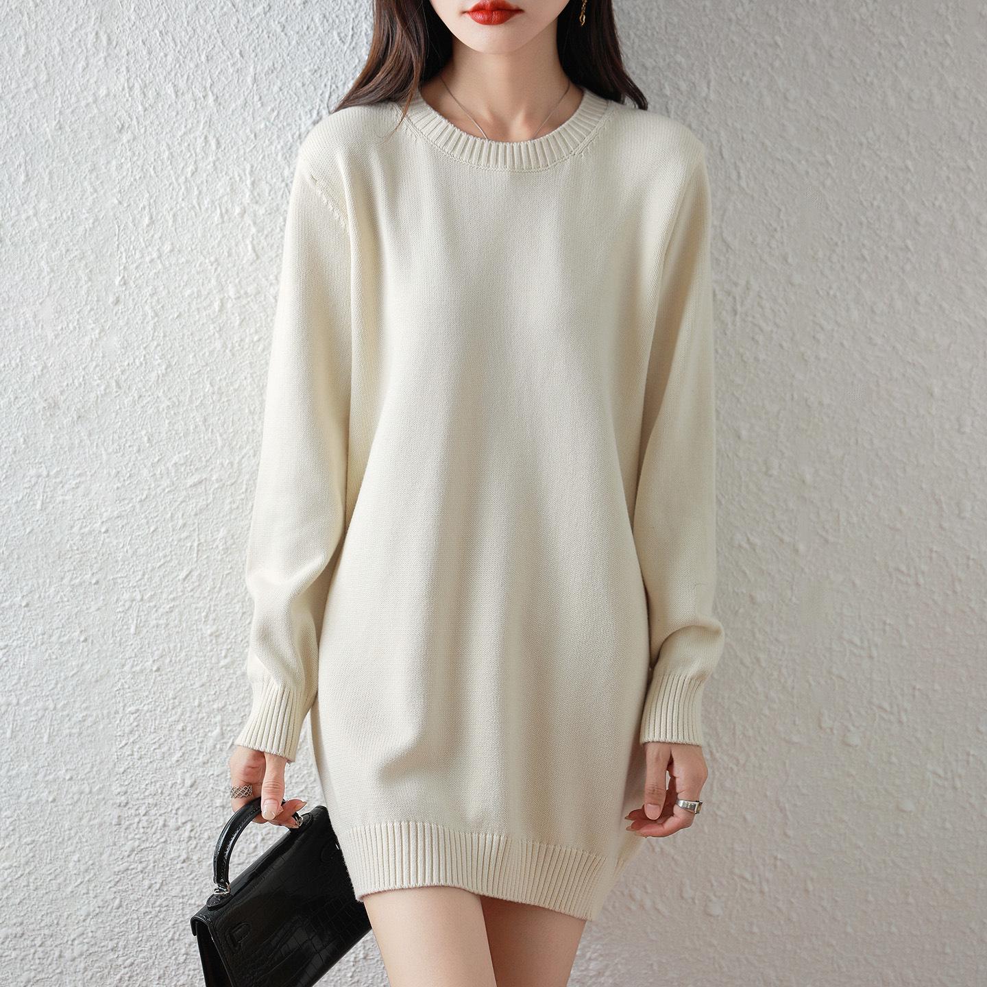 2025 Women s 100 Cotton Knitted Sweater Dress Hip-Wrapping Versatile Round Neck Loose Thickened Mid-Length M 3289₽