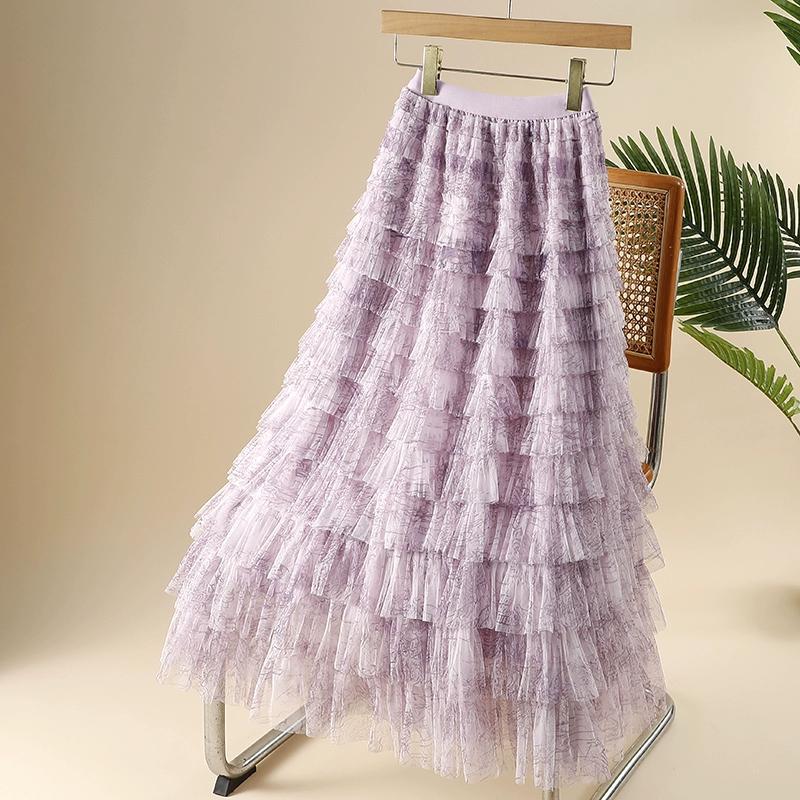 DIMANAF 2025 Summer Women Skirts Vintage Elastic Pleated Elegant Long Skirts New Lace Blue High Waist