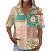 Women's Vintage Floral Print Button Down Shirt Short Sleeve Loose Fit Collared Top Made with Linen Blend Fabric Casual Summer Blouse