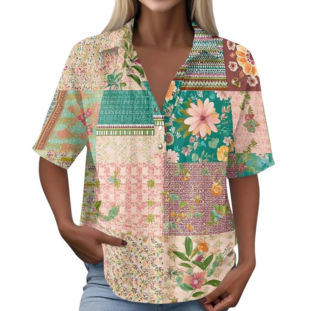 Women's Vintage Floral Print Button Down Shirt Short Sleeve Loose Fit Collared Top Made with Linen Blend Fabric Casual Summer Blouse