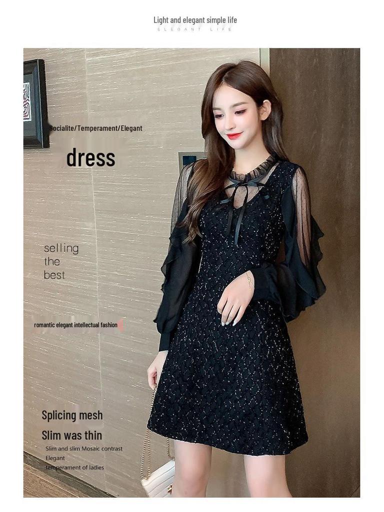 2026 Spring Women's Elegant A-line Polka Dot Long-Sleeved Dress with Mesh Patchwork and Lace-up Details