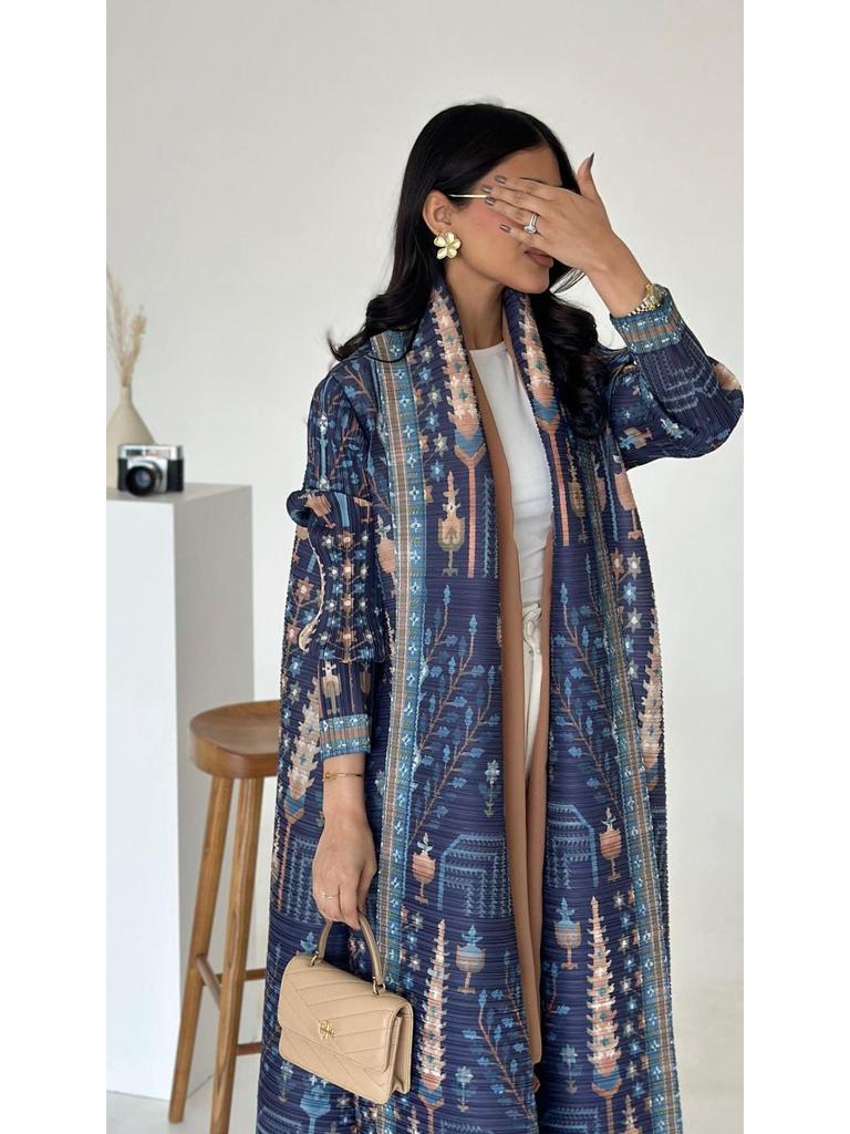 Women's Issey Miyake Pleated Print Cardigan Abaya - Long, Plus Size Arab Robe