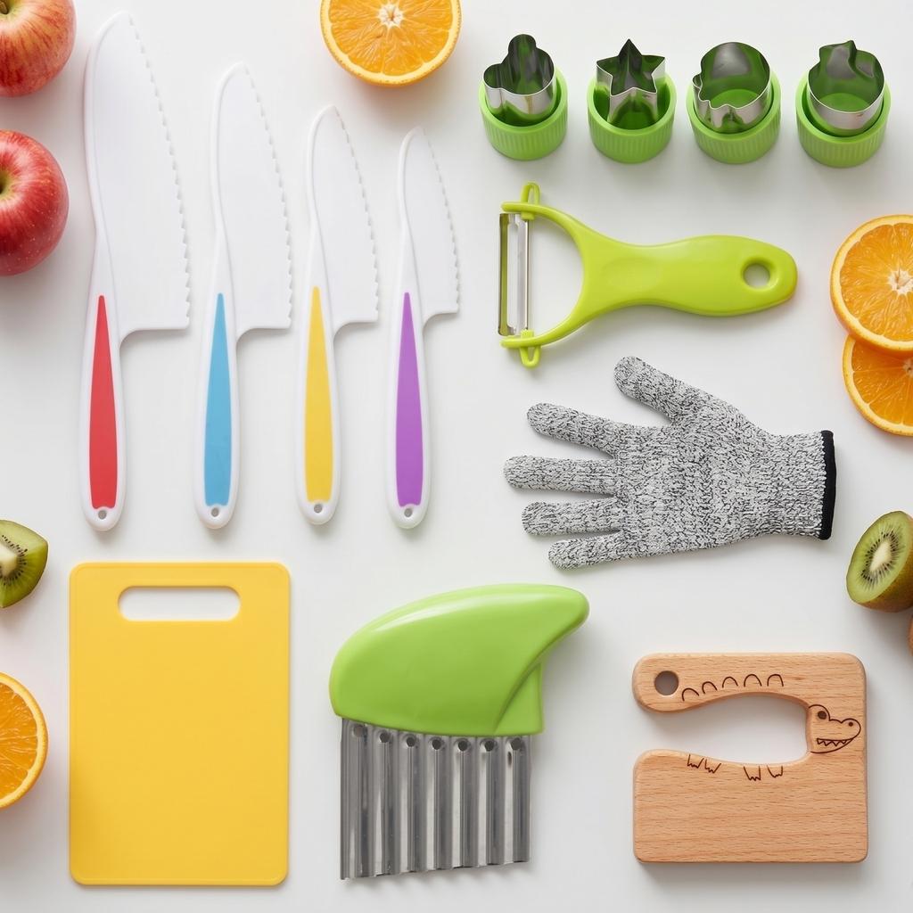 Children Kitchen Knife Set with Cutting Board Safety Glove Vegetable Peeler Crinkle Cutter and Fruit Shape Cutters for Kids Cooking Play Pretend