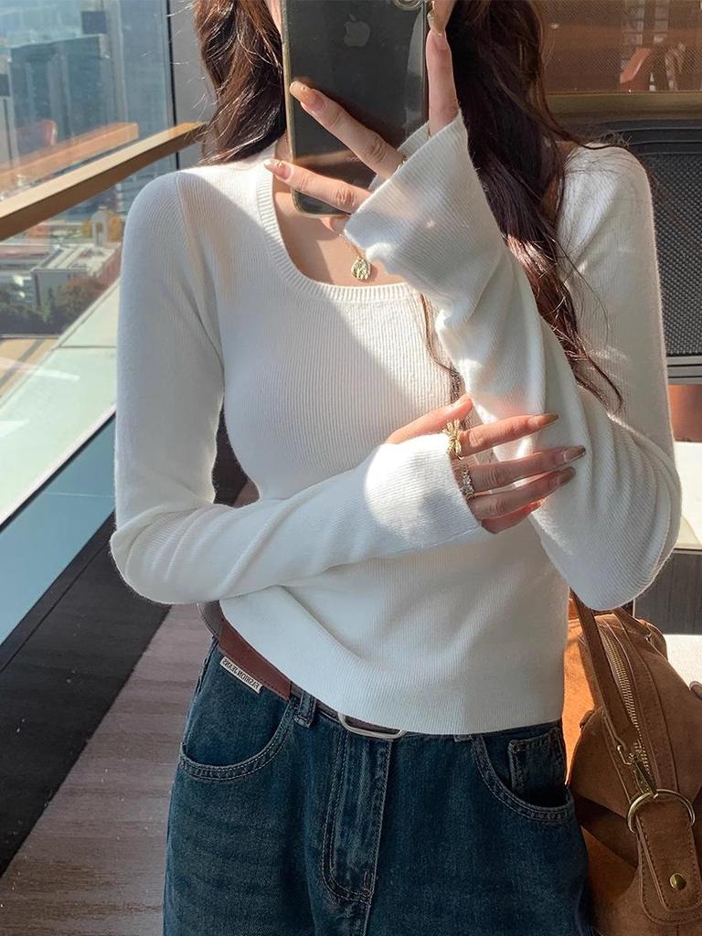 2025 Women's Slim Fit Long Sleeve Knitwear: Square Neck Base Layer for Autumn/Winter