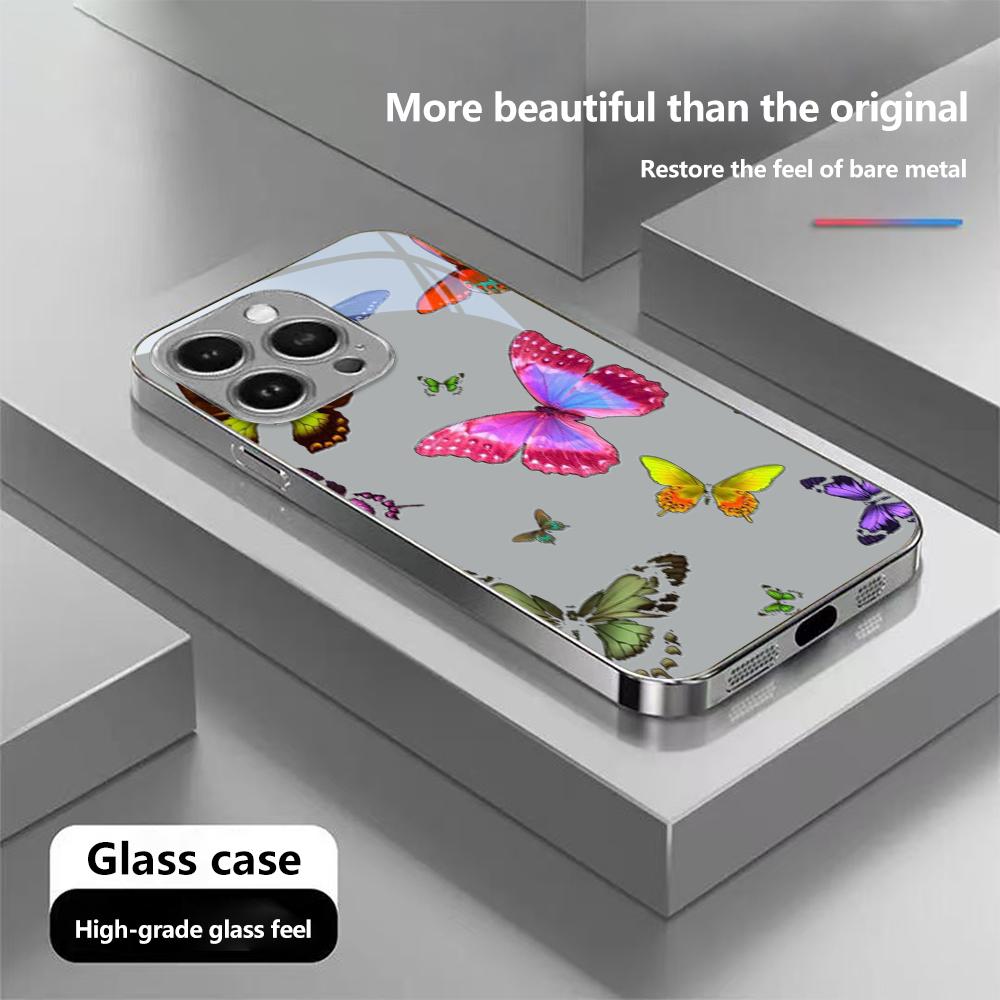N143 Butterfly Art Phone Case for iPhone 16 15 Pro Max Samsung S24 S23 Ultra A54 A35 A52 Xiaomi Redmi Note 13 12 Pro Plated Frame Tempered Glass Cover