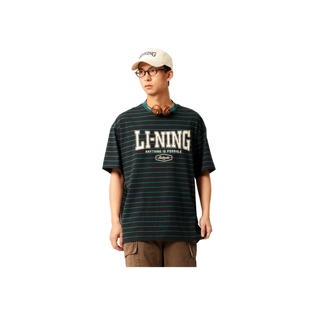 Li-Ning Striped Letter Breathable Versatile Short Sleeve T-Shirt Men Tops Black AHSV281-7