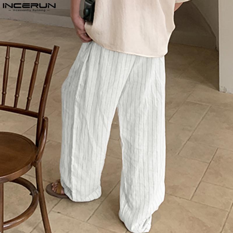 INCERUN Men Zip-up Waist Striped Casual Long Trousers Pants