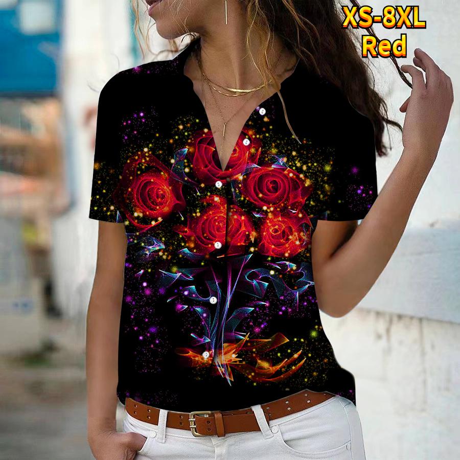 2025 Sommer Neue Mode Damen Rosenbedrucktes Kurzarm V-Ausschnitt Lässig Durchgeknöpftes Hemd Top