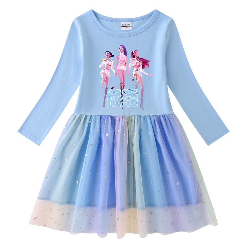 Vestito Corto a Maniche Corte Kpop Demon Slayer con Paillettes Arcobaleno e Rete – Primavera, Estate, Autunno