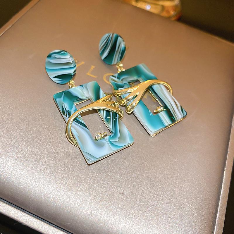 Charm Female Big Green Acrylic Earrings Yellow Gold Color Square Round Earrings For Women Luxury Wedding Dangle Earrings Jewelry 