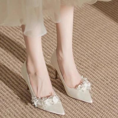 Escarpins Classiques Mignons Femme À Enfiler Talons Hauts Fins Bout Pointu Mariage Soirée Chaussures Femme Cristal Bling Fleur Chaussures d'Été