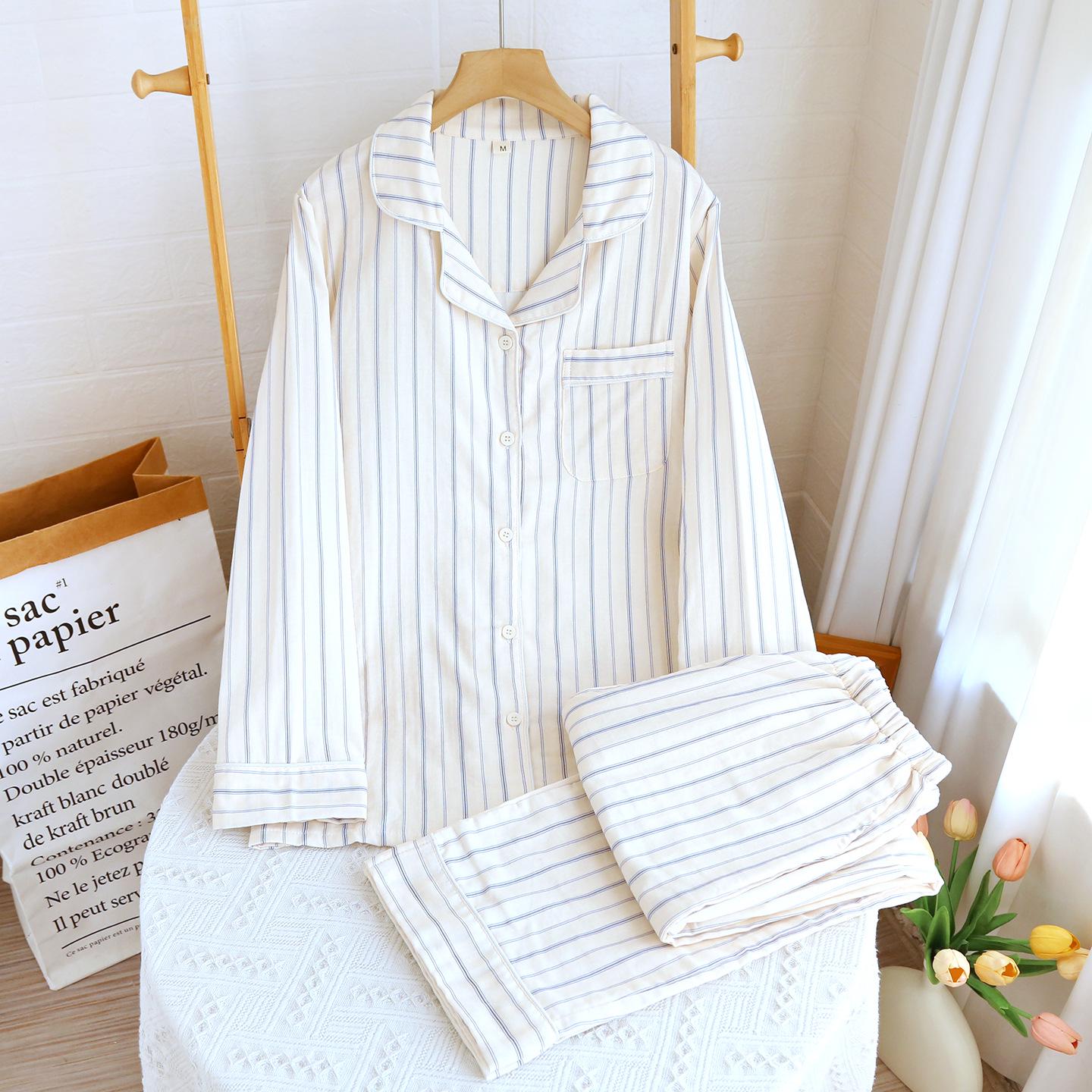Women s Muji-Style Striped Cotton Pajama Set - Lightweight Double-Layer Gauze Cardigan, Long Sleeves & Pants for Spring/Summer Large жёлтый