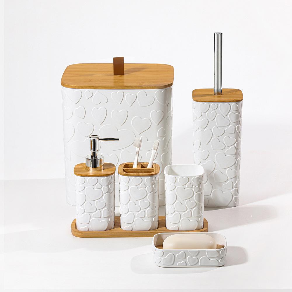

7Pcs/Set Soap Dispenser Box Toilet Brush Lotion Bottle Trash Can Bamboo Plastic Bathroom Storage Set Toothbrush Cup Holder белый