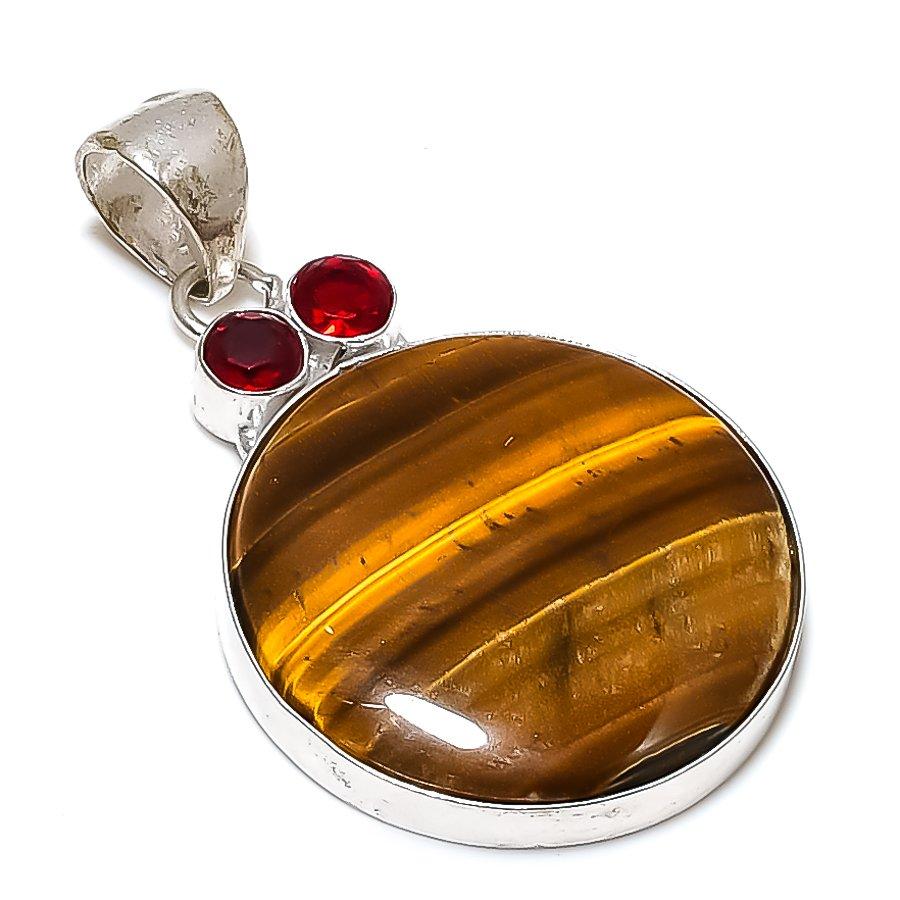 Tiger Eye, Garnet Gemstone 925 Sterling Silver Jewelry Pendant 2.17" SU-8448