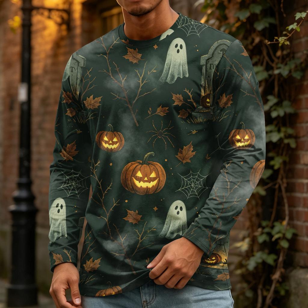 Men's Halloween Print Crewneck Long Sleeve T-Shirt for Casual Wear