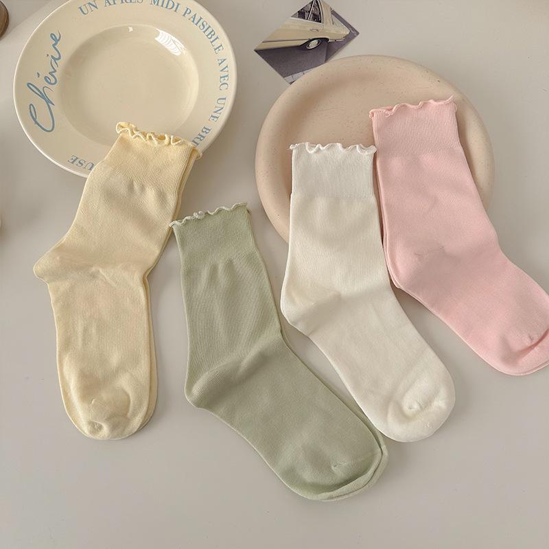 Women's Pure Cotton Ruffle Cuff Socks, Candy Colors, Anti-Odor, Sweat-Absorbing