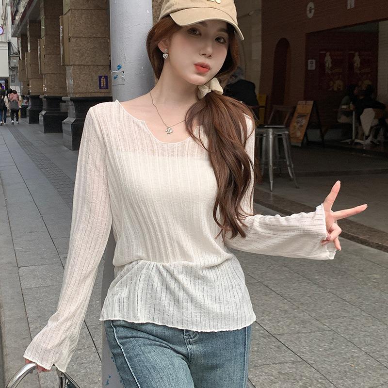 1 Linen fungus edge sunscreen blouse women's coat summer thin pure want loose slightly transparent long-sleeved shirt top