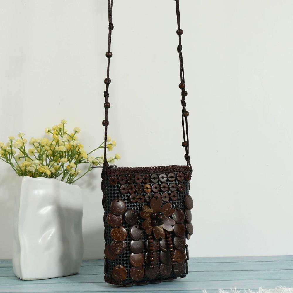 Tragbare Stoff-Umhängetasche im ethnischen Stil, Retro-Kokosnussschale, handgeflochtene Tasche, Vintage-Handtasche, Bohemian-Umhängetasche für Damen