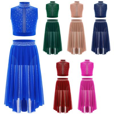 Girls Lyrical Dance Outfit Mock Neck Sleeveless Keyhole Back Rhinestones Crop Top Side Slit High Low Mesh Skirt