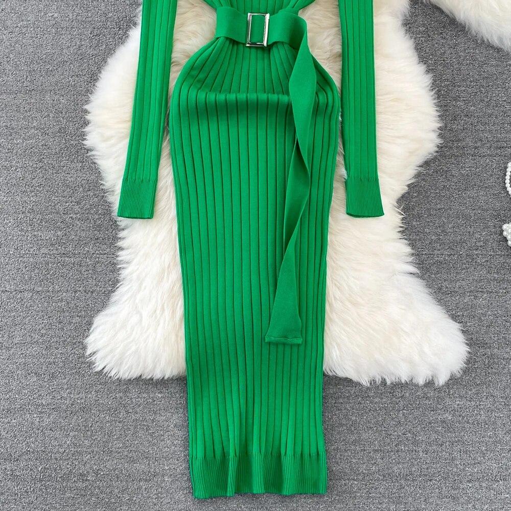 Heißer Rollkragen Sexy Wrap Hüften Gestrickte Kleider Frauen Kleid 2023 Herbst Winter Langarm Bodycon Pullover Kleid mit Gürtel Langarm Wrap Vestidos