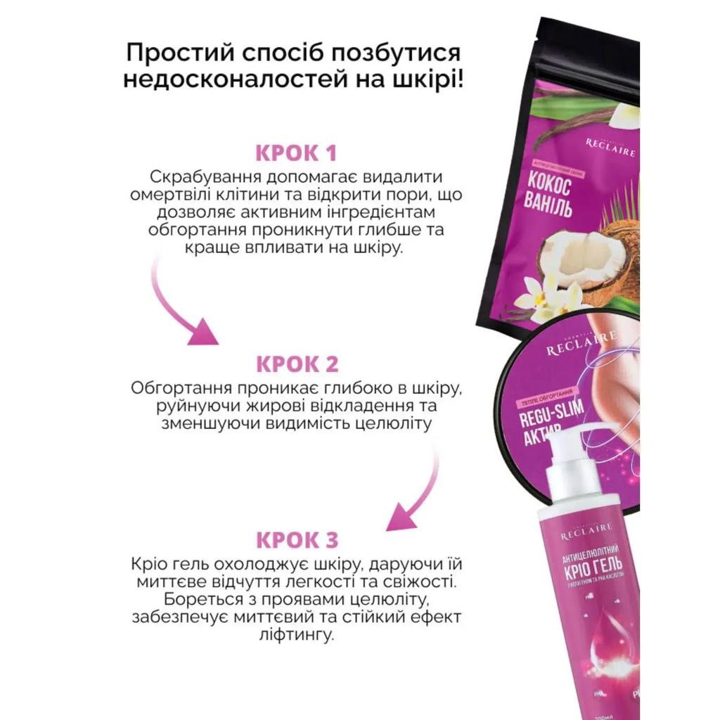 Антицеллюлитный набор для тела Скраб+Теплое обертывание+Крио гель Reclaire cosmetics