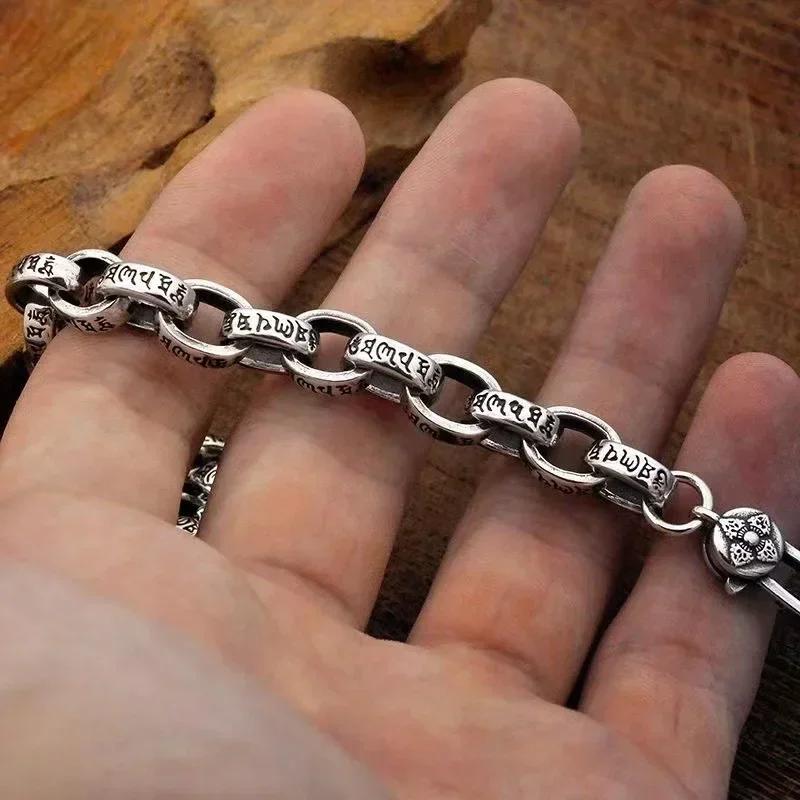 Real Solid S925 Silver New Six-Character Mantra Bracelet Men Women Retro Trend Jewelry Gift