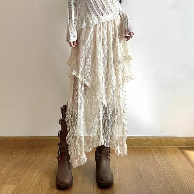 Women Vintage Y2K  Lace Asymmetrical Skirt Fairycore  Boho Aesthetic Fashion High Waist Skirts Lady Holiday Outfits