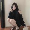 Women's Off-Shoulder Black Knit Sweater - Loose Korean Style for Autumn/Winter 2024