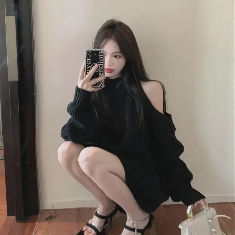Women's Off-Shoulder Black Knit Sweater - Loose Korean Style for Autumn/Winter 2024