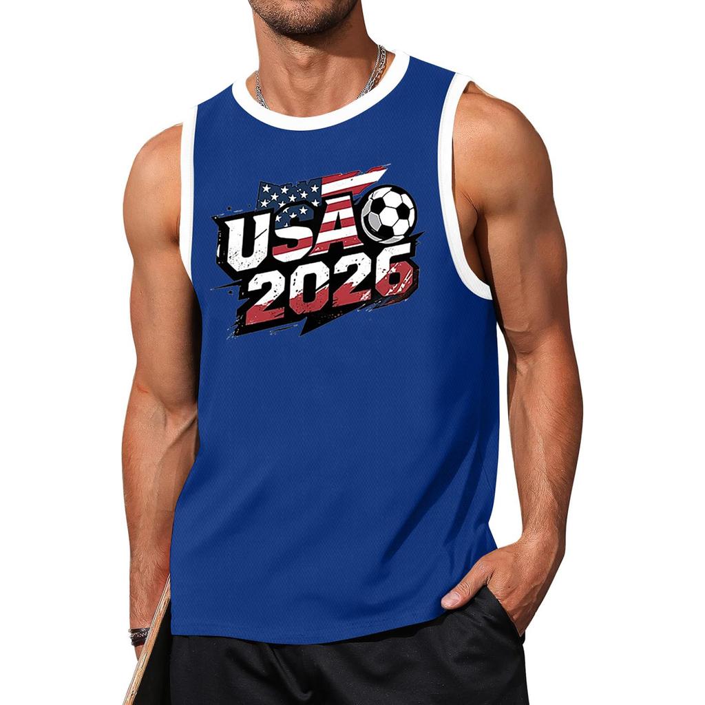 Men’s Sleeveless Crew Neck Tank Top with Soccer Print and USA 2026 Lettering for Outdoor Sports and Casual Wear