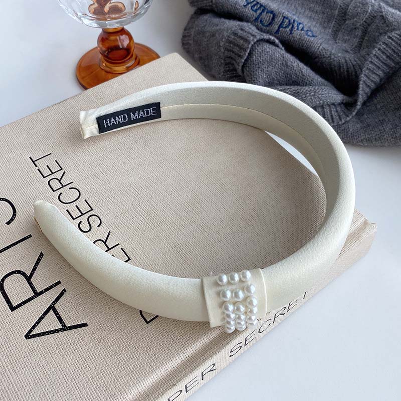 Korean Pearl Satin Headbands for Women Elegant Black White Wide Side Elastic Sponge Thick Headdress Wedding Hair Accessories