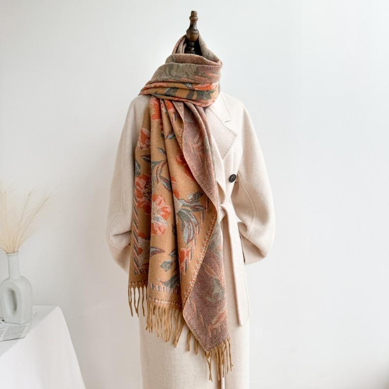 Autumn and Winter Retro Fringed Scarf with Air Conditioner Cashmere Shawl Large Size Warm Scarf