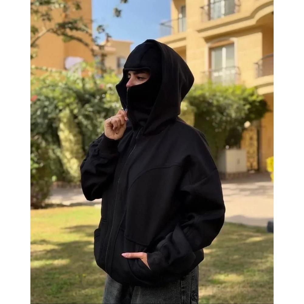 STREETRICH Herren und Damen Sturmhaube Y2K Gothic Harajuku Winter Neuheit Sweatshirt mit doppelter Kapuze Maske mit Reißverschluss Sportbekleidung
