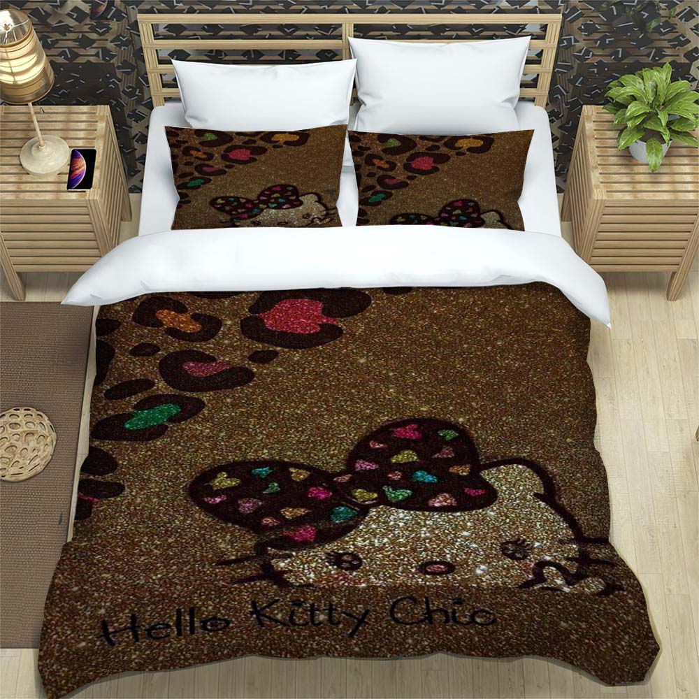 3D Printed Cartoon Leopard Print Hello Kitty Duvet Cover and Pillowcase Set - Home Decor, Creative Plus Size Bedding Set, 01