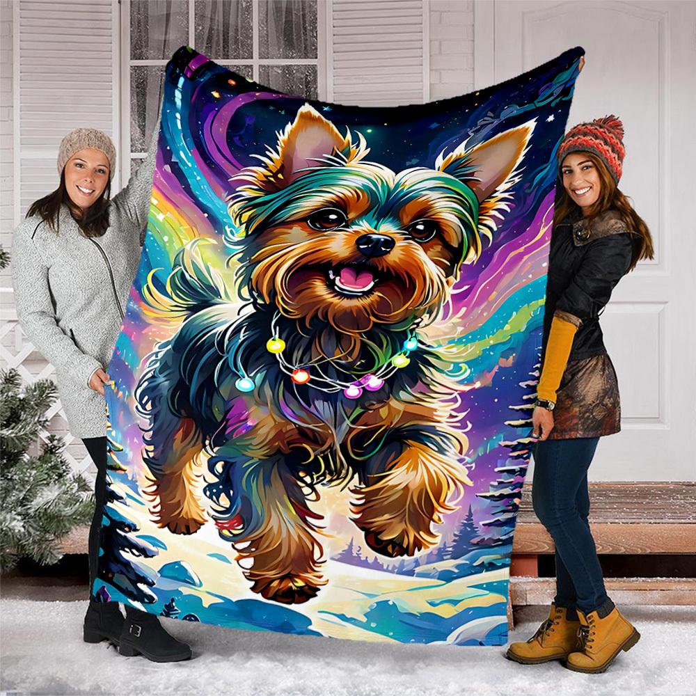 1pc Yorkie Christmas Lights Outdoor Flannel Blanket , Machine Washable Perfect Gift for Birthday , Holiday Travel Accessory , Durable Material