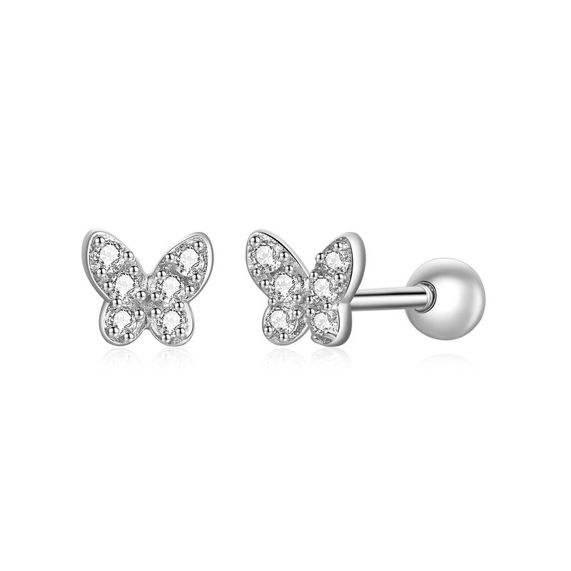 WOSTU 925 Sterling Silver Lovely Cute Butterfly Stud Earrings For Women Clear CZ Rose Gold Mini Ear Studs Wedding Party Jewelry