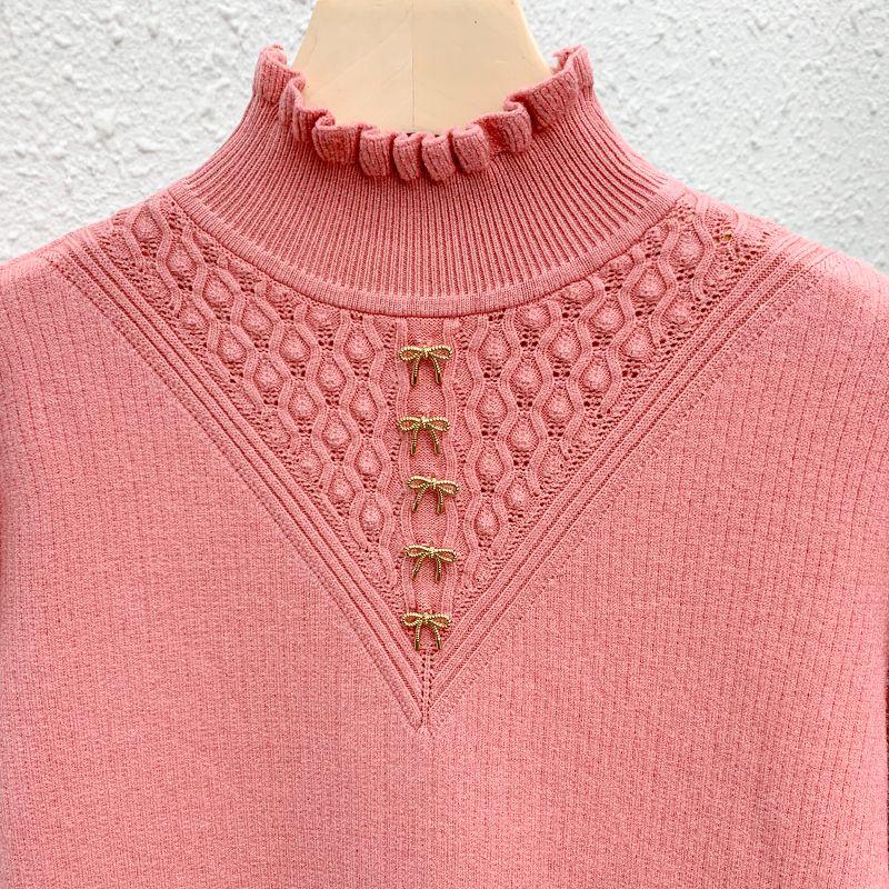 Eldelad fleece-tröja med halvhög krage för dam, fleeceförtjockad pullover, enfärgad långärmad avslappnad stickad tröja för höst och vinter